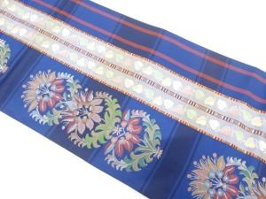 縞に花更紗模様織り出し　袋帯